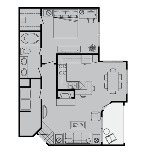 Floor plan for 1 bed, 1 bath, 810 sqft