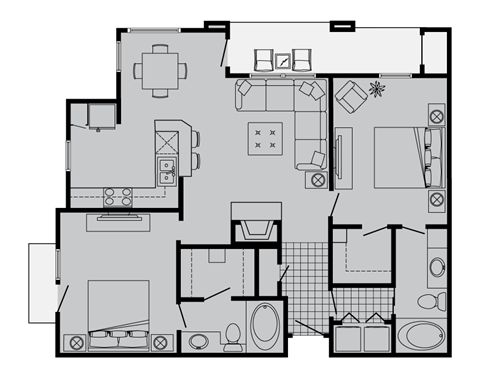 Floor plan for 2 beds, 2 baths, 1054 sqft