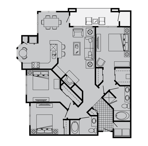 Floor plan for 3 beds, 2 baths, 1402 sqft