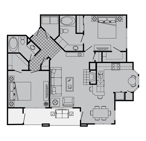 Floor plan for 2 beds, 2 baths, 1167 sqft