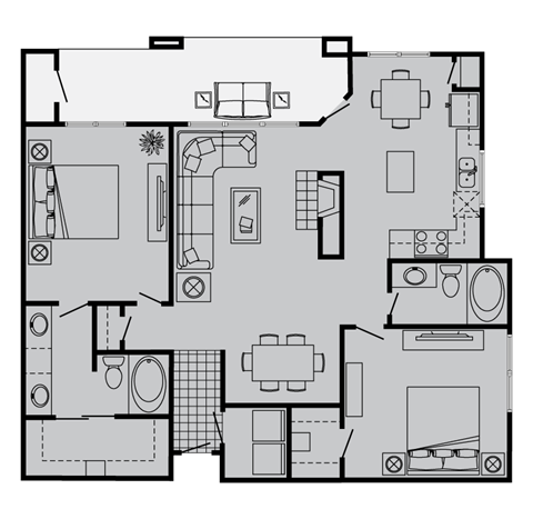 Floor plan for 2 beds, 2 baths, 1233 sqft