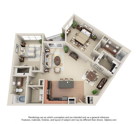 Floor plan for 2 beds, 2 baths, 1254 sqft