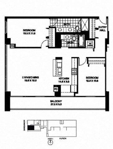 Floor plan for 2 beds, 2 baths, 1267 sqft