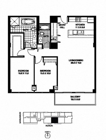 Floor plan for 2 beds, 2 baths, 1356 sqft