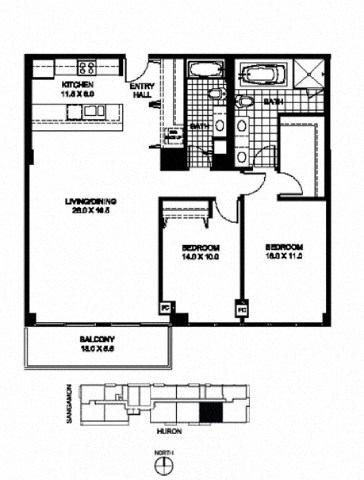 Floor plan for 2 beds, 2 baths, 1369 sqft