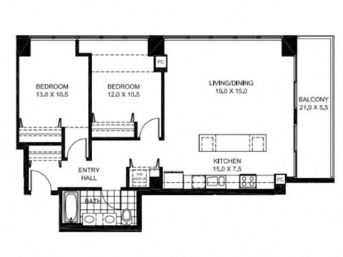 Floor plan for 2 beds, 1 bath, 1010 sqft