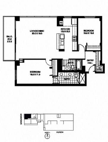 Floor plan for 2 beds, 2 baths, 1267 sqft