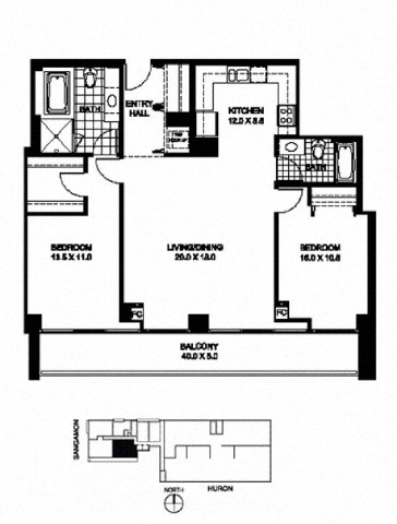 Floor plan for 2 beds, 2 baths, 1267 sqft