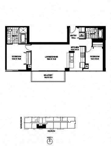 Floor plan for 2 beds, 2 baths, 1010 sqft