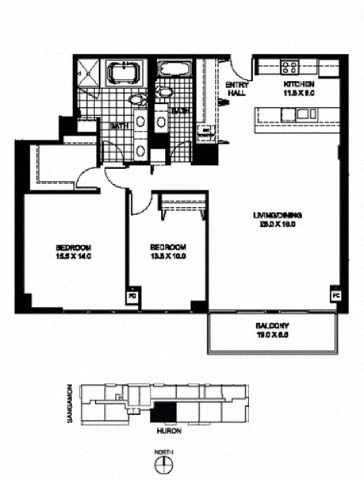 Floor plan for 2 beds, 2 baths, 1267 sqft