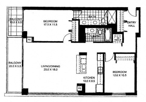 Floor plan for 2 beds, 2 baths