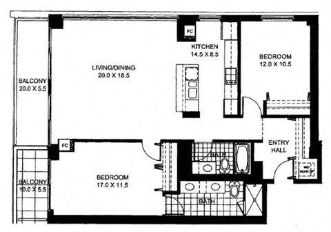 Floor plan for 2 beds, 2 baths