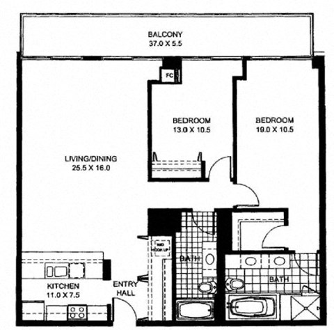 Floor plan for 2 beds, 2 baths, 1330 sqft