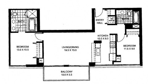Floor plan for 2 beds, 2 baths