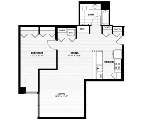 Floor plan for 1 bed, 1 bath, 977 sqft