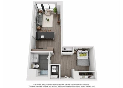 Floor plan for studio, 1 bath, 625 sqft