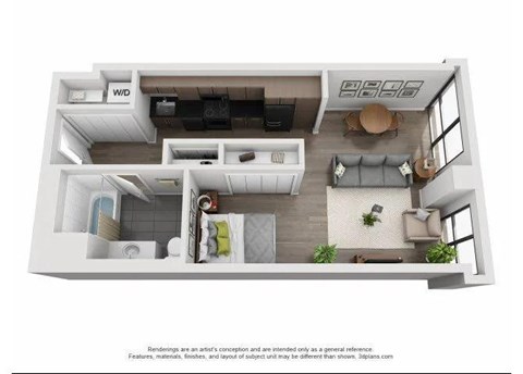 Floor plan for studio, 1 bath, 580 sqft