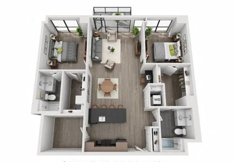 Floor plan for 2 beds, 2 baths, 1297 sqft
