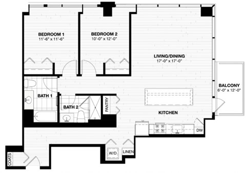 Floor plan for 2 beds, 2 baths, 1253 sqft
