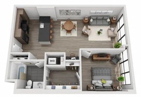 Floor plan for 1 bed, 1 bath, 855 sqft