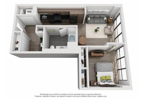 Floor plan for 1 bed, 1 bath, 705 sqft