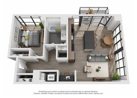 Floor plan for 1 bed, 1 bath, 836 sqft