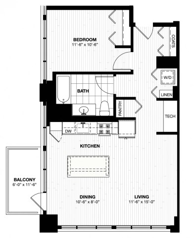 Floor plan for 1 bed, 1 bath, 836 sqft