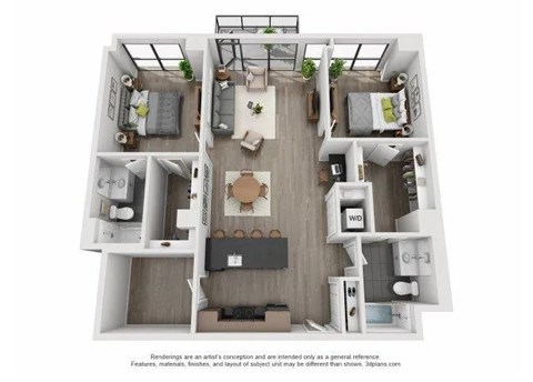Floor plan for 2 beds, 2 baths, 1286 sqft