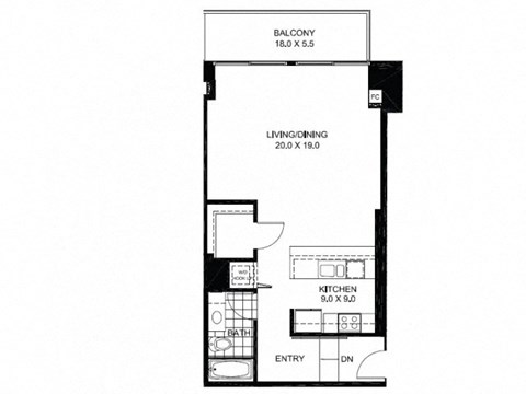 Floor plan for studio, 1 bath, 687 sqft