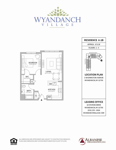 Floor plan for 1 bed, 1 bath, 671 sqft