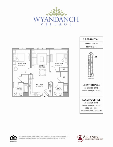 Floor plan for 2 beds, 2 baths, 970 sqft