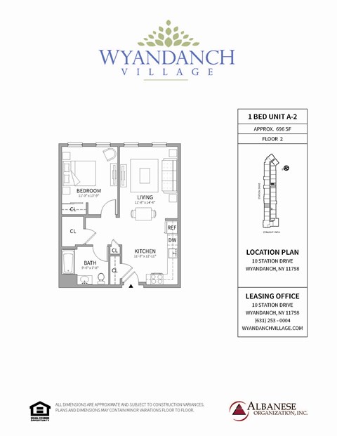 Floor plan for 1 bed, 1 bath, 696 sqft