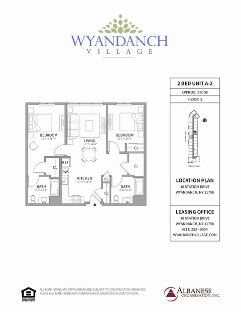 Floor plan for 2 beds, 2 baths, 970 sqft