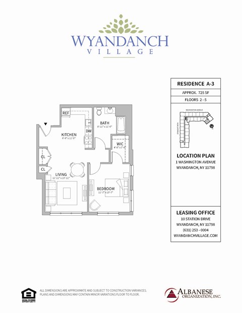 Floor plan for 1 bed, 1 bath, 725 sqft