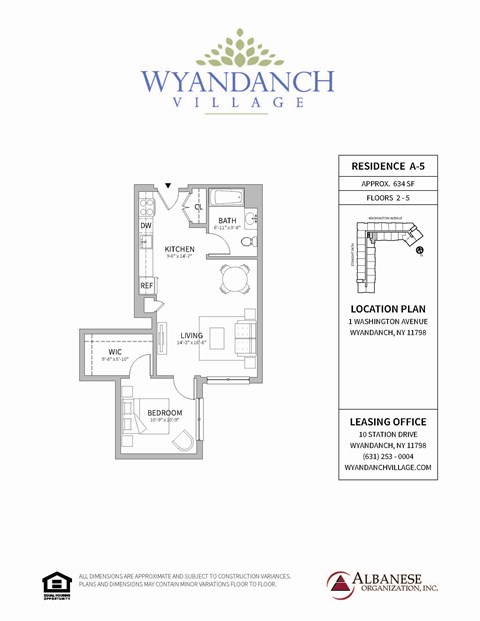 Floor plan for 1 bed, 1 bath, 634 sqft