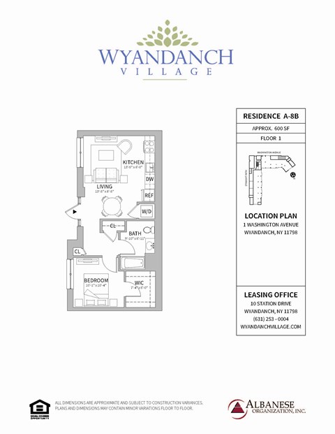 Floor plan for 1 bed, 1 bath, 600 sqft