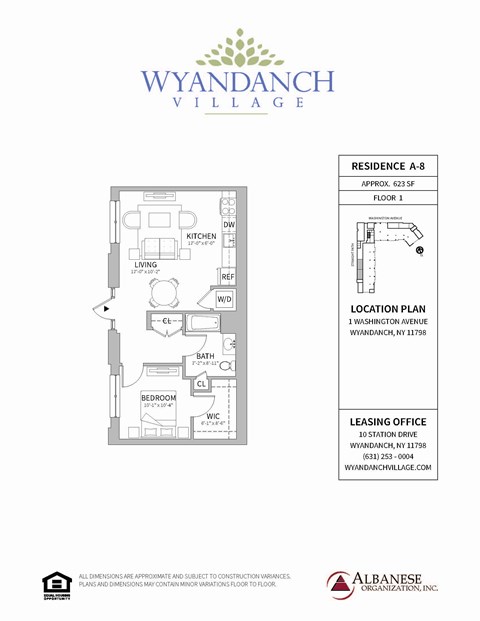 Floor plan for 1 bed, 1 bath, 623 sqft