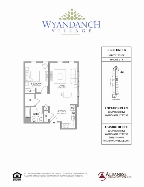 Floor plan for 1 bed, 1 bath, 759 sqft