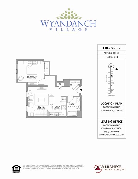 Floor plan for 1 bed, 1 bath, 666 sqft