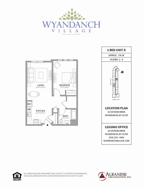 Floor plan for 1 bed, 1 bath, 736 sqft