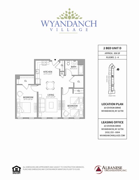 Floor plan for 2 beds, 1 bath, 896 sqft