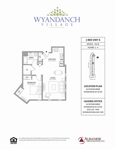 Floor plan for 1 bed, 1 bath, 782 sqft
