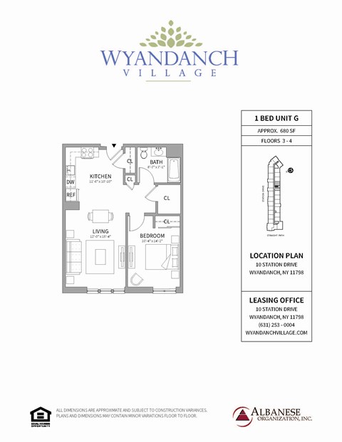 Floor plan for 1 bed, 1 bath, 680 sqft