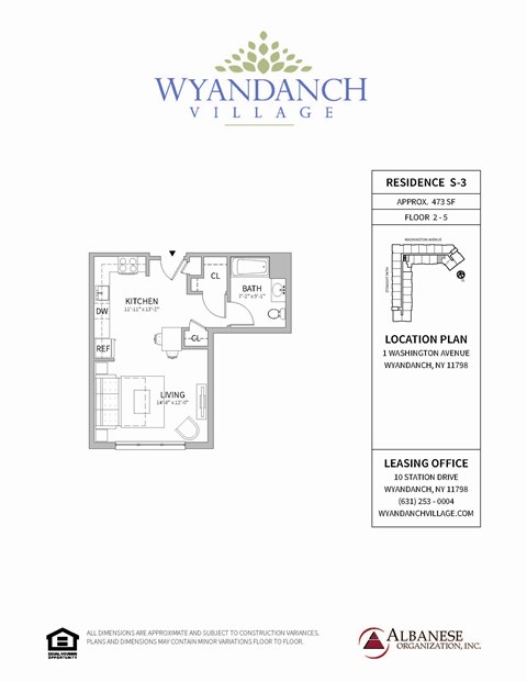 Floor plan for studio, 1 bath, 473 sqft