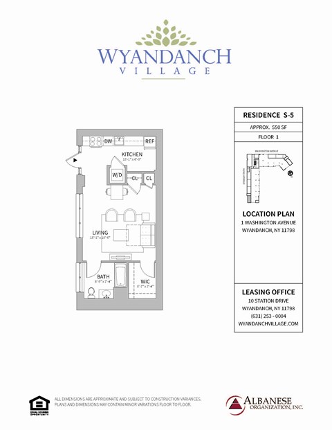 Floor plan for studio, 1 bath, 550 sqft