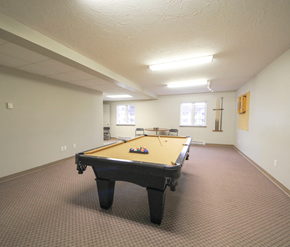 Moncton apartment for rent - A pool table in a room with a brown carpet.