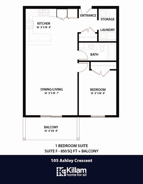 Floor plan for 1 bed, 1 bath, 850 sqft