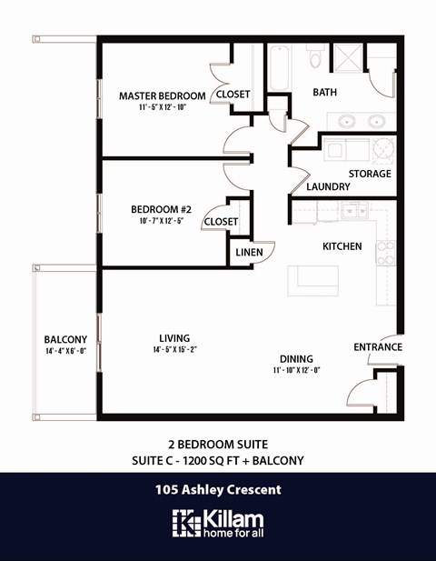Floor plan for 2 beds, 1 bath