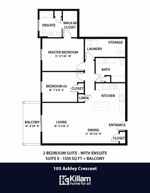 Floor plan for 2 beds, 2 baths, 1335 sqft