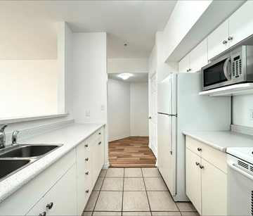 Moncton apartment for rent - A kitchen with white cabinets and appliances.